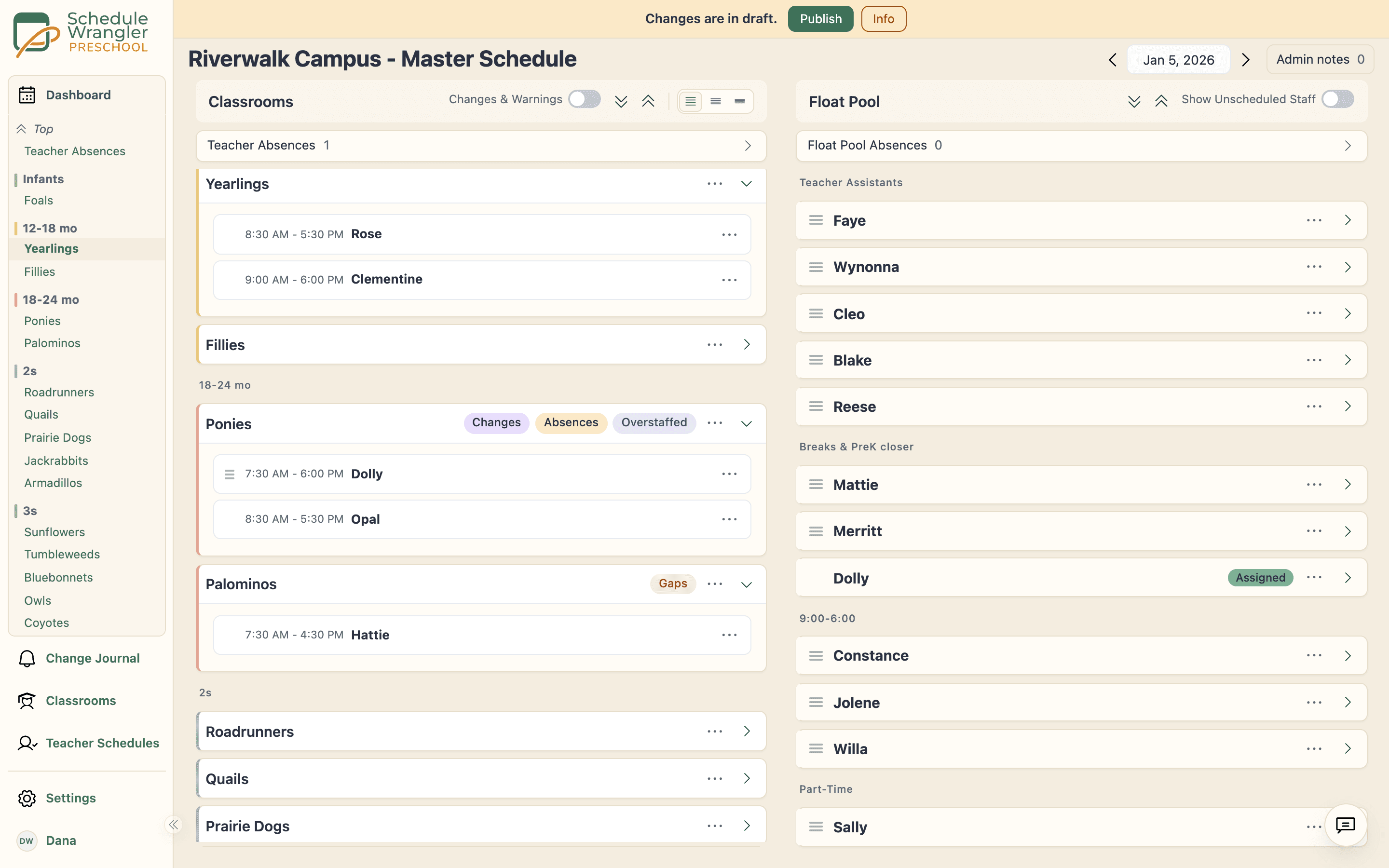Schedule changes held in a draft, with a Publish button in the draft banner, so nothing reaches staff until the director publishes