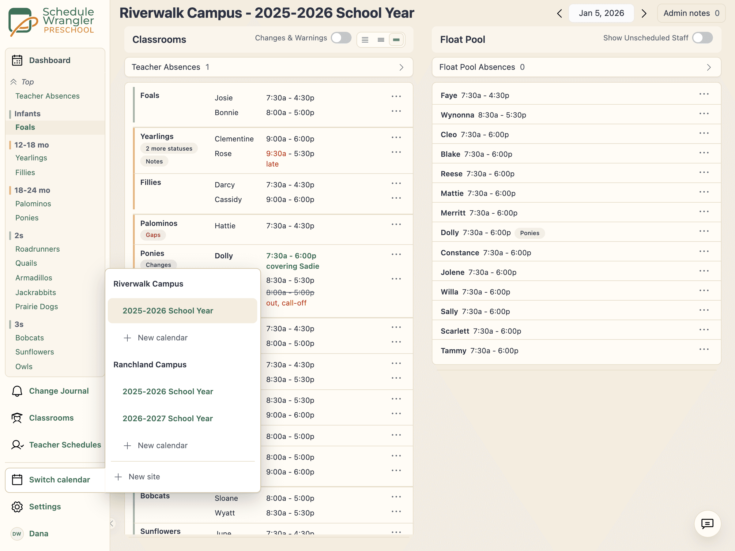 Switching between sites and school-year calendars from one login: two campuses and two school years in one menu