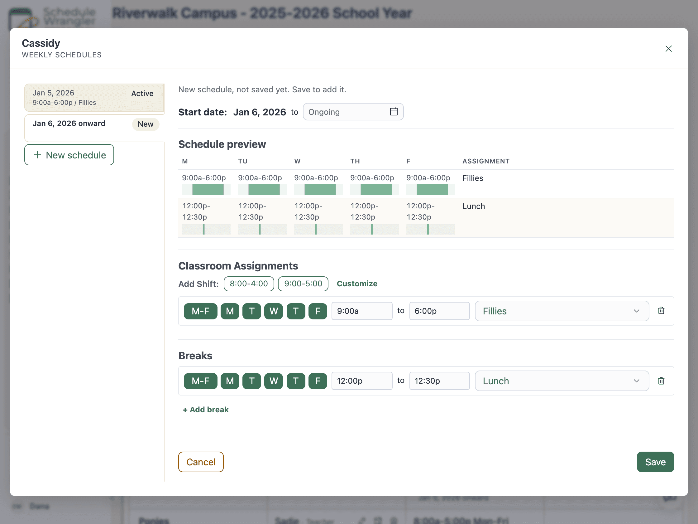 The weekly schedule editor for a teacher: a new schedule starting on a chosen date, Monday through Friday bars previewed, with a classroom assignment and a lunch break